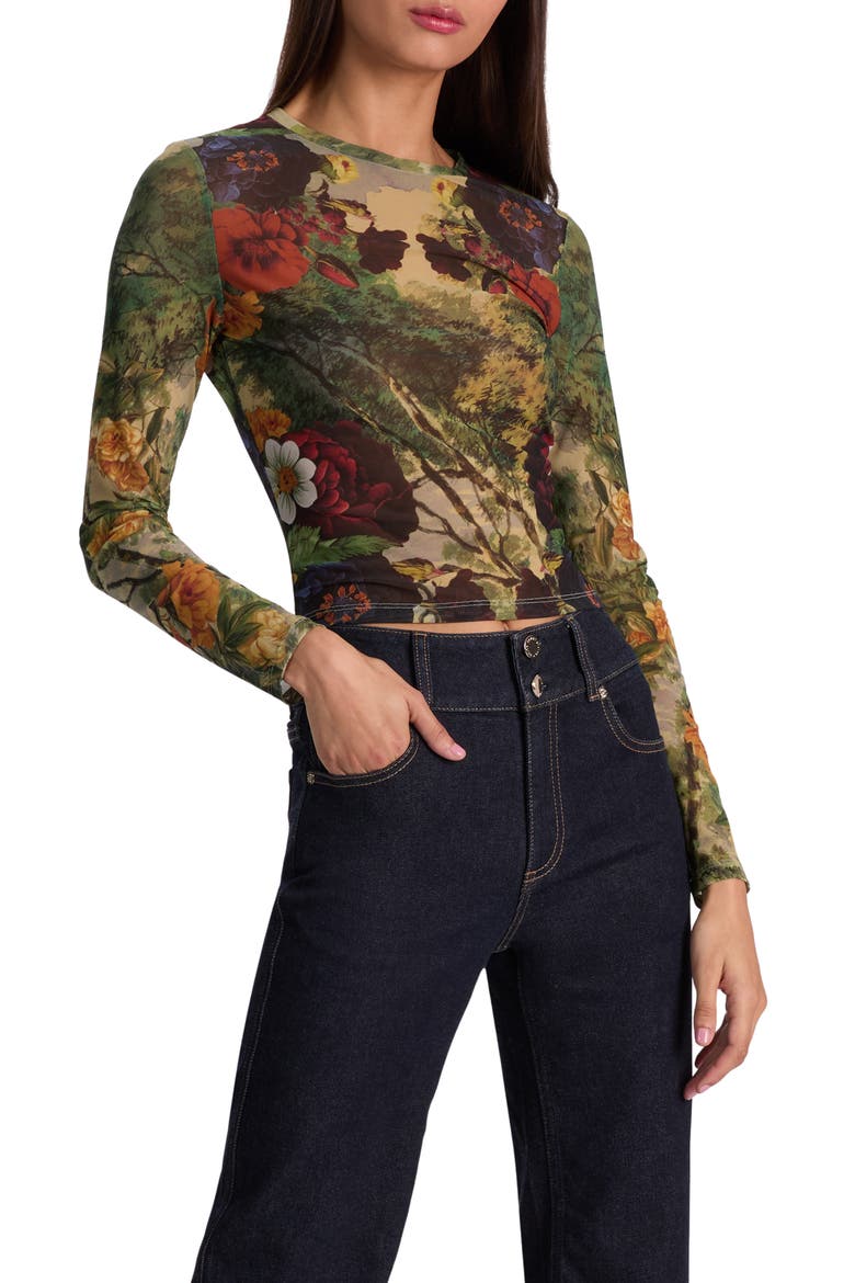 Delaina Printed Long Sleeve Mesh Top, Alternate, color, FORBIDDEN FOREST