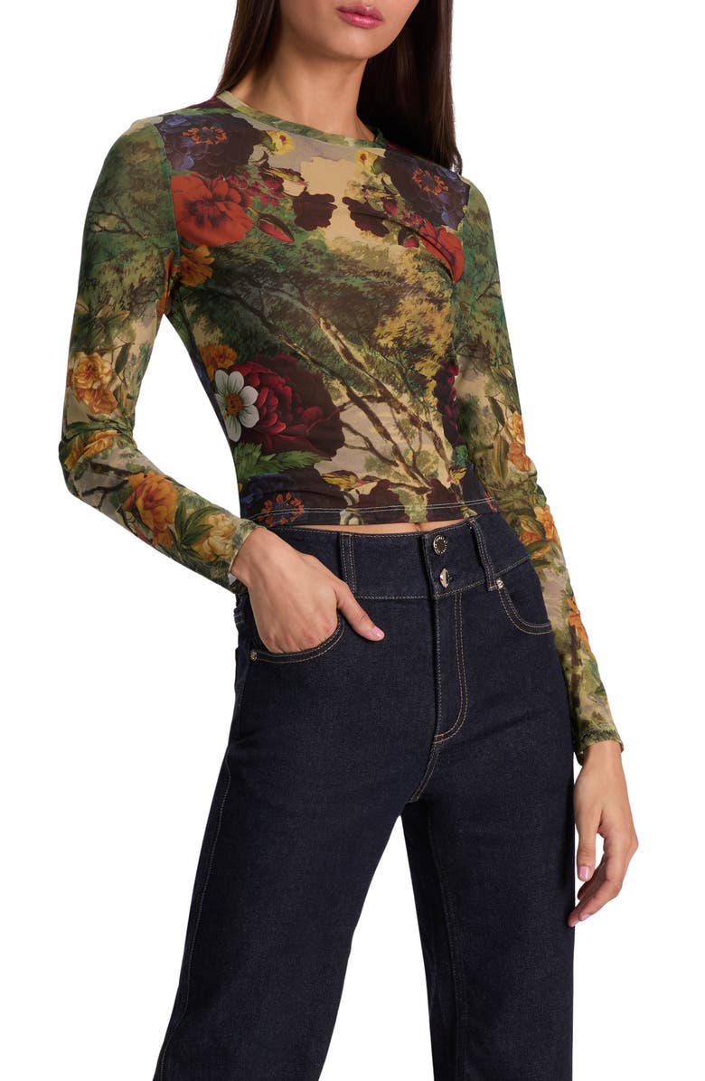 Alice + Olivia Delaina Printed Long Sleeve Mesh Top, Alternate, color, Forbidden Forest