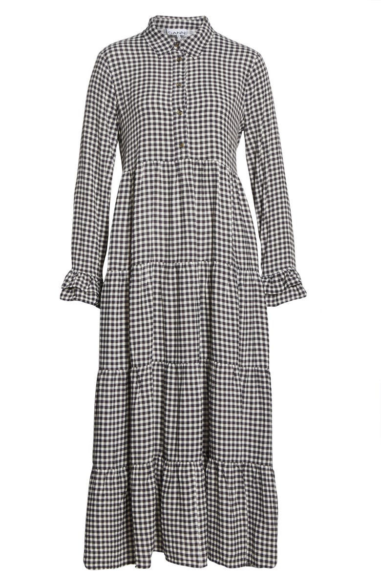 Ganni Gingham Print Crepe Long Sleeve Midi Dress, Alternate, color, 