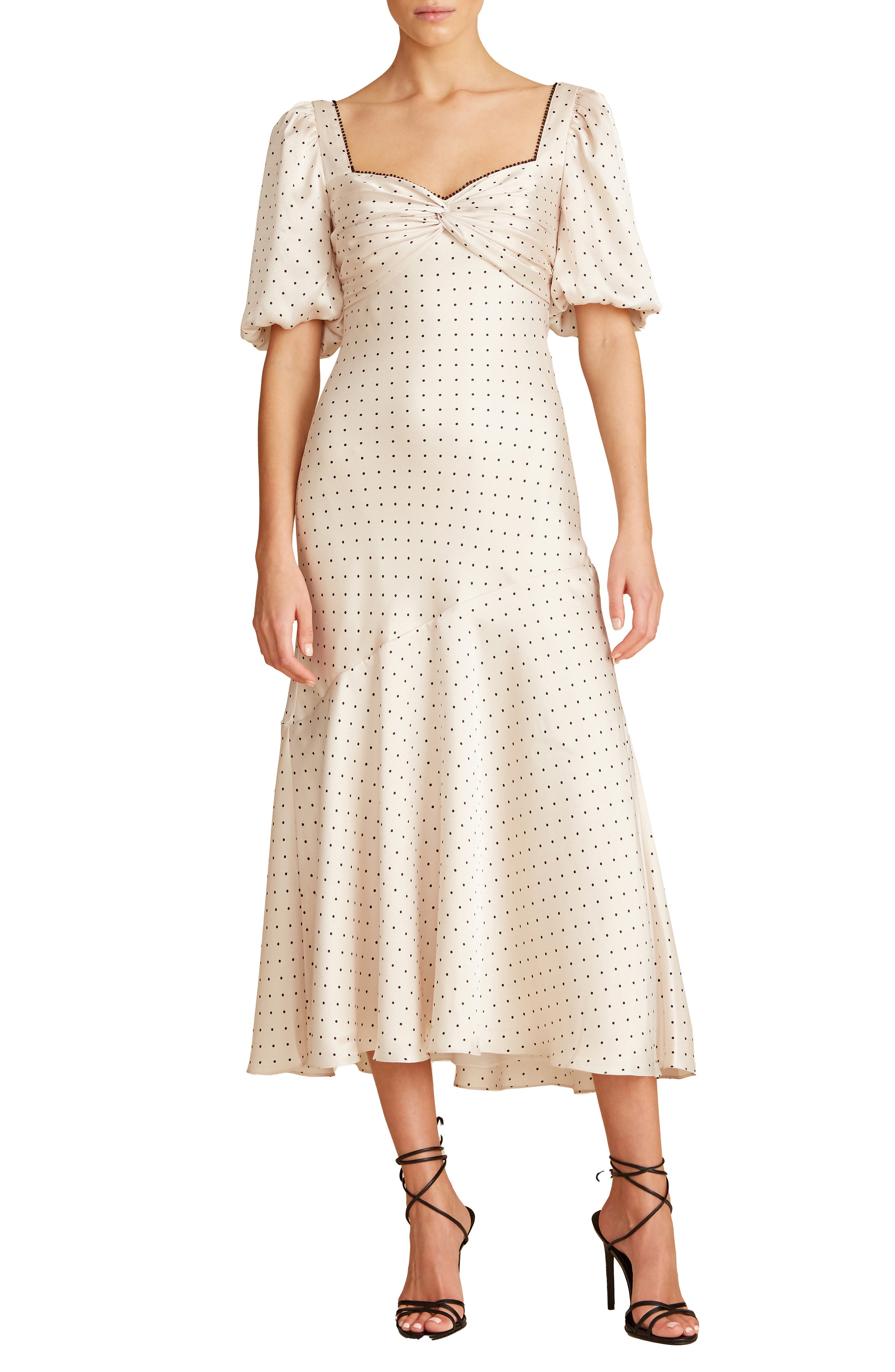 ML Monique Lhuillier Polka Dot Satin Midi Dress