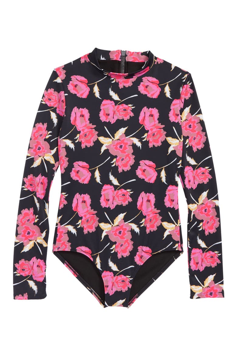 Floral Dawn One-Piece Rashguard Swimsuit, Main, color, BLACK PEBBLE
