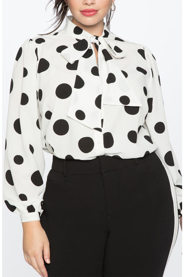 Printed Crepe Tie Neck Blouse, Main, color, SOFT WHITE/ BLACK POLKA DOT