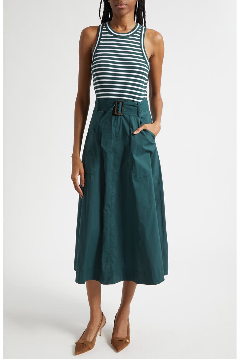 Jordyn Mixed Media Stretch Cotton Midi Dress, Main, color, PINE/ WHITE