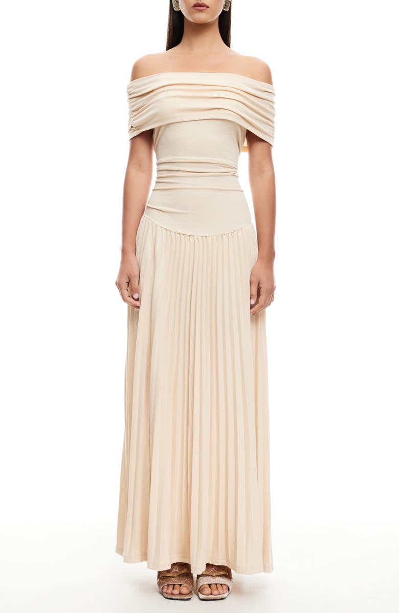 LIONESS Field of Dreams Off the Shoulder Pleated Maxi Dress, Main, color, Oatmeal
