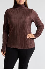 Renee C Long Sleeve Plissé Turtleneck Top