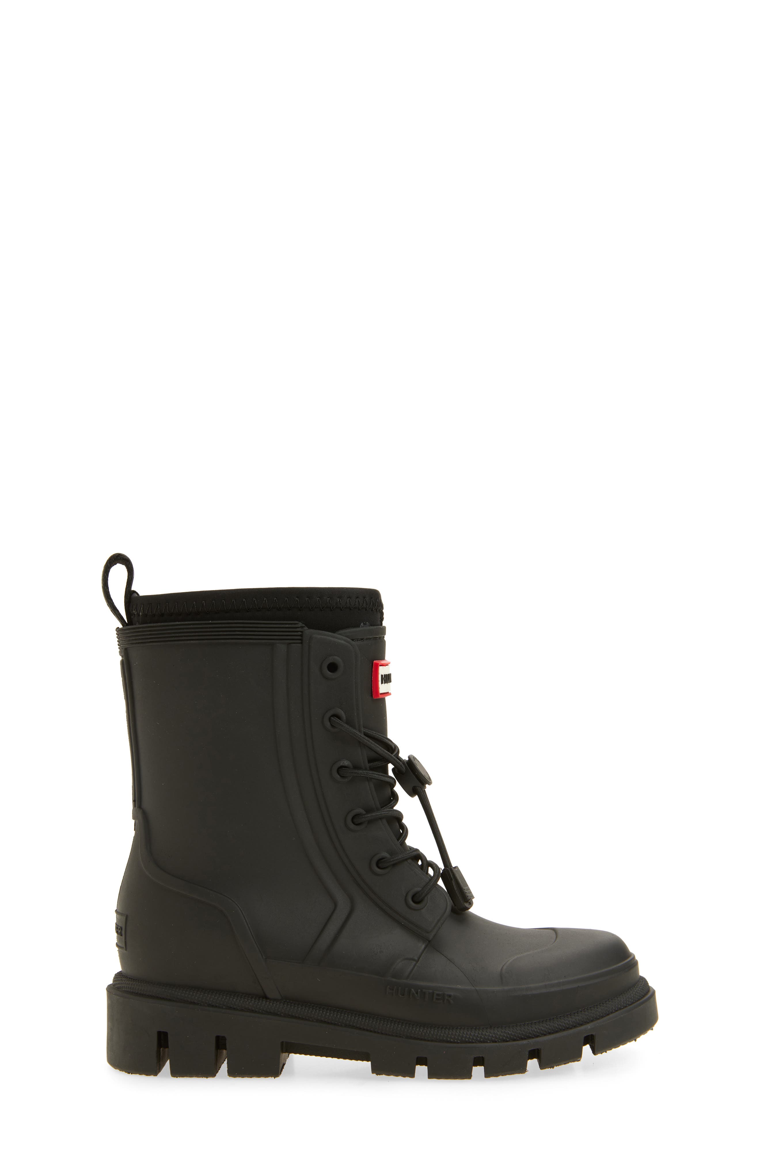 Hunter Kids' Stamp Waterproof Lace-Up Rain Boot, Alternate, color, Black/Black