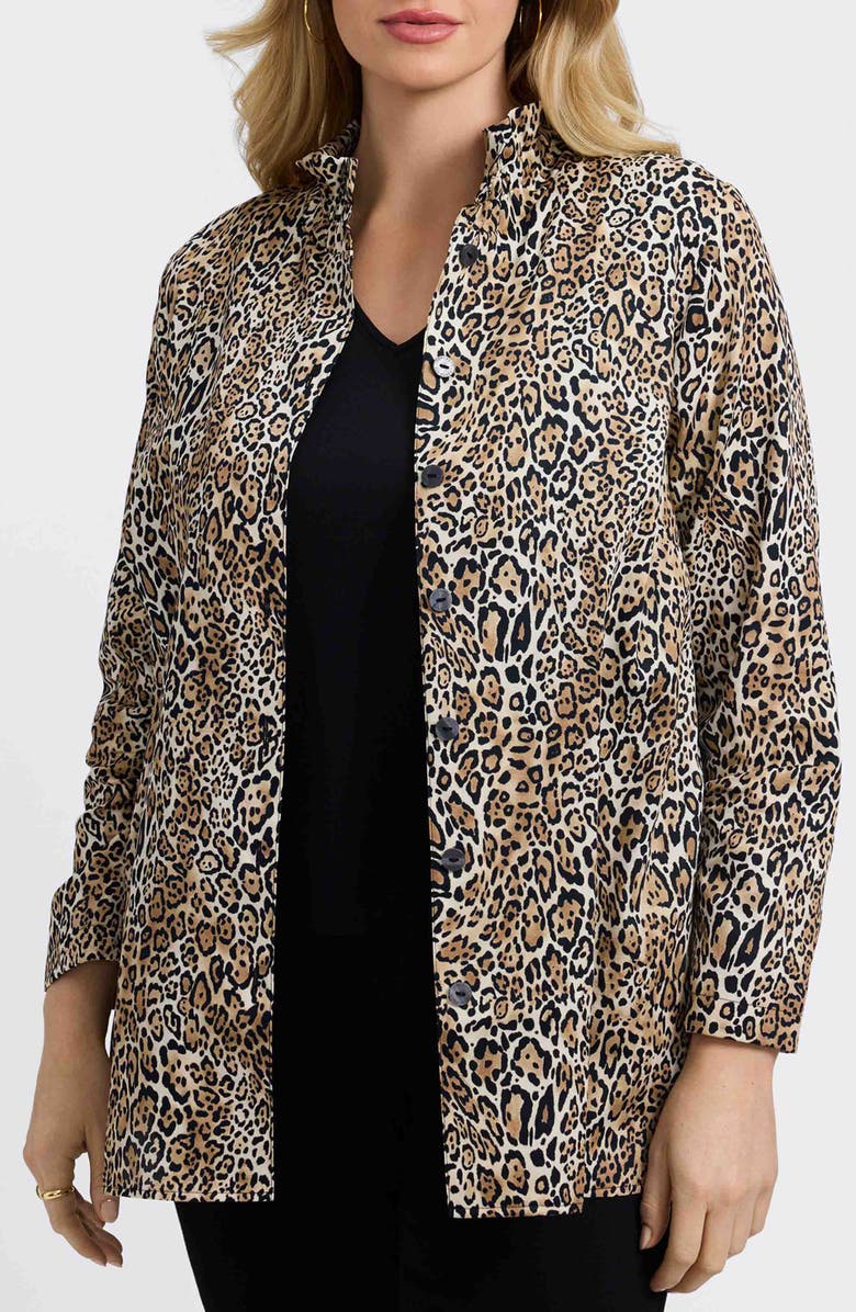 Foxcroft Carolina Leopard Print Cotton Sateen Button-Up Shirt, Main, color, Brown Multi