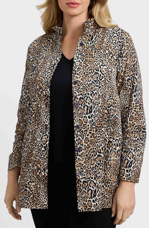 Carolina Leopard Print Cotton Sateen Button-Up Shirt (Plus)