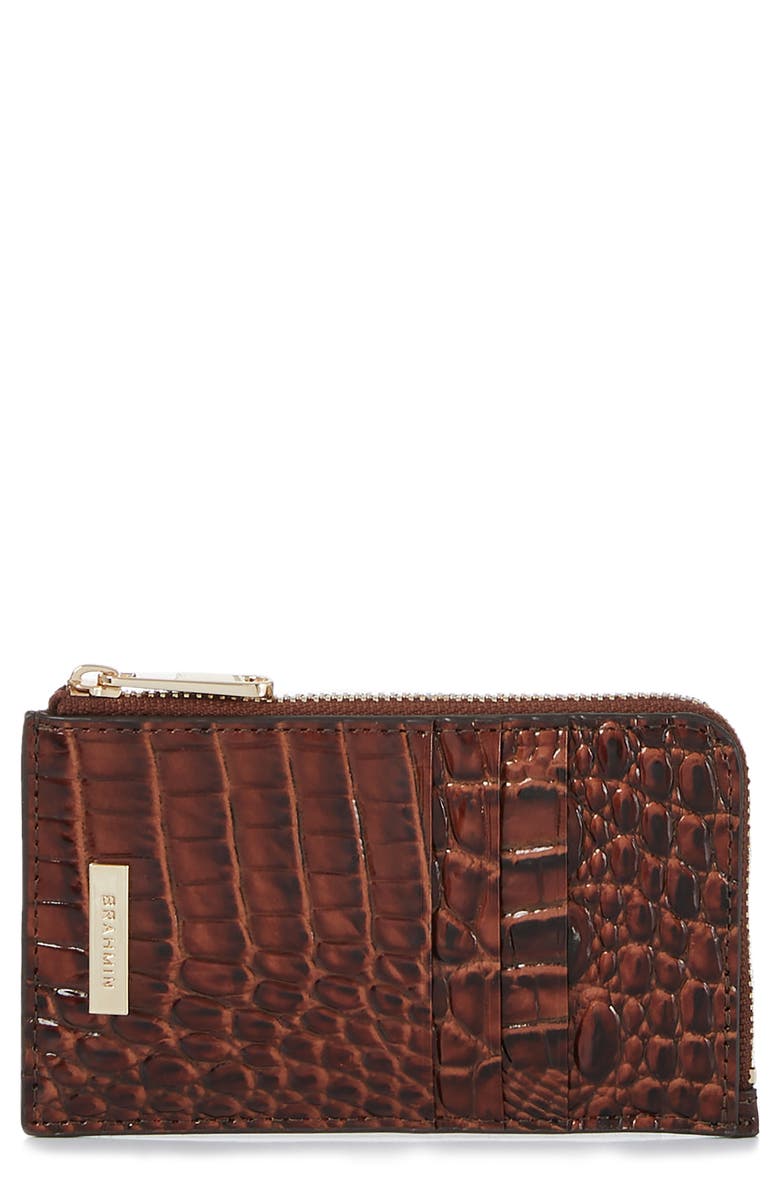 Brahmin Lennon Croc Embossed Leather Card Case, Main, color, Pecan