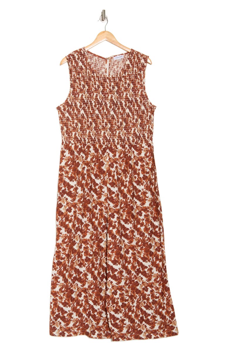 Calvin Klein Floral Sleeveless Smocked Wide Leg Jumpsuit, Alternate, color, Taupe Multi