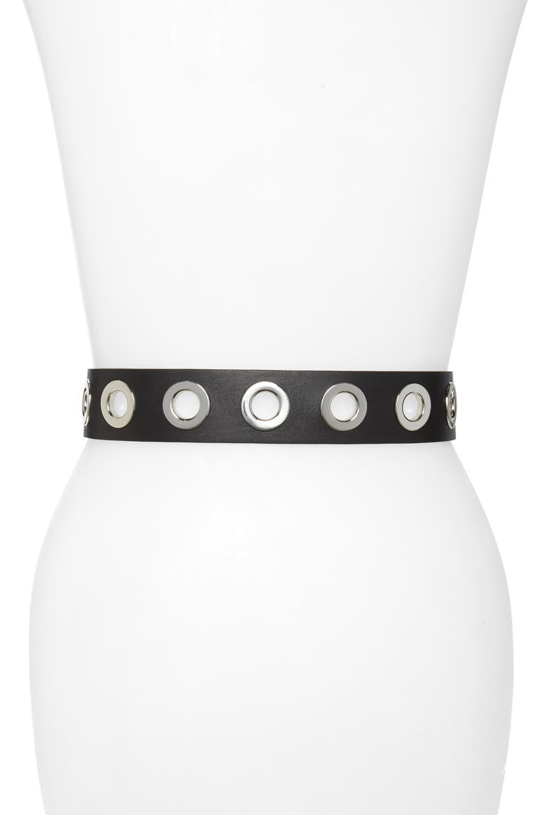 Large Grommet Leather Belt, Alternate, color, BLACK/ SHINY NICKEL