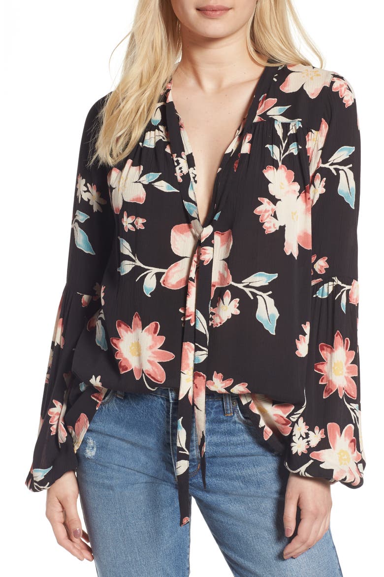 Birds on High Tie Neck Blouse, Main, color, OFF BLACK