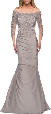 La Femme Satin Mermaid Gown with Off the Shoulder Lace Bodice