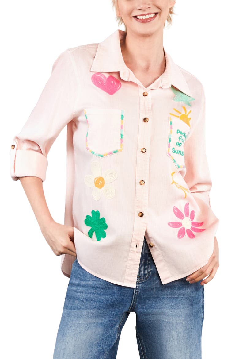 Pocketful of Sunshine Embroidered Denim Graphic Button-Up Shirt, Main, color, BLUSH