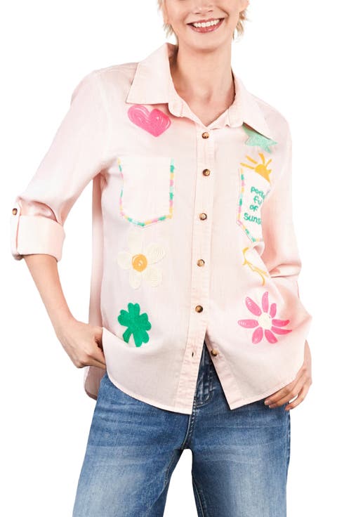 Pocketful of Sunshine Embroidered Denim Graphic Button-Up Shirt