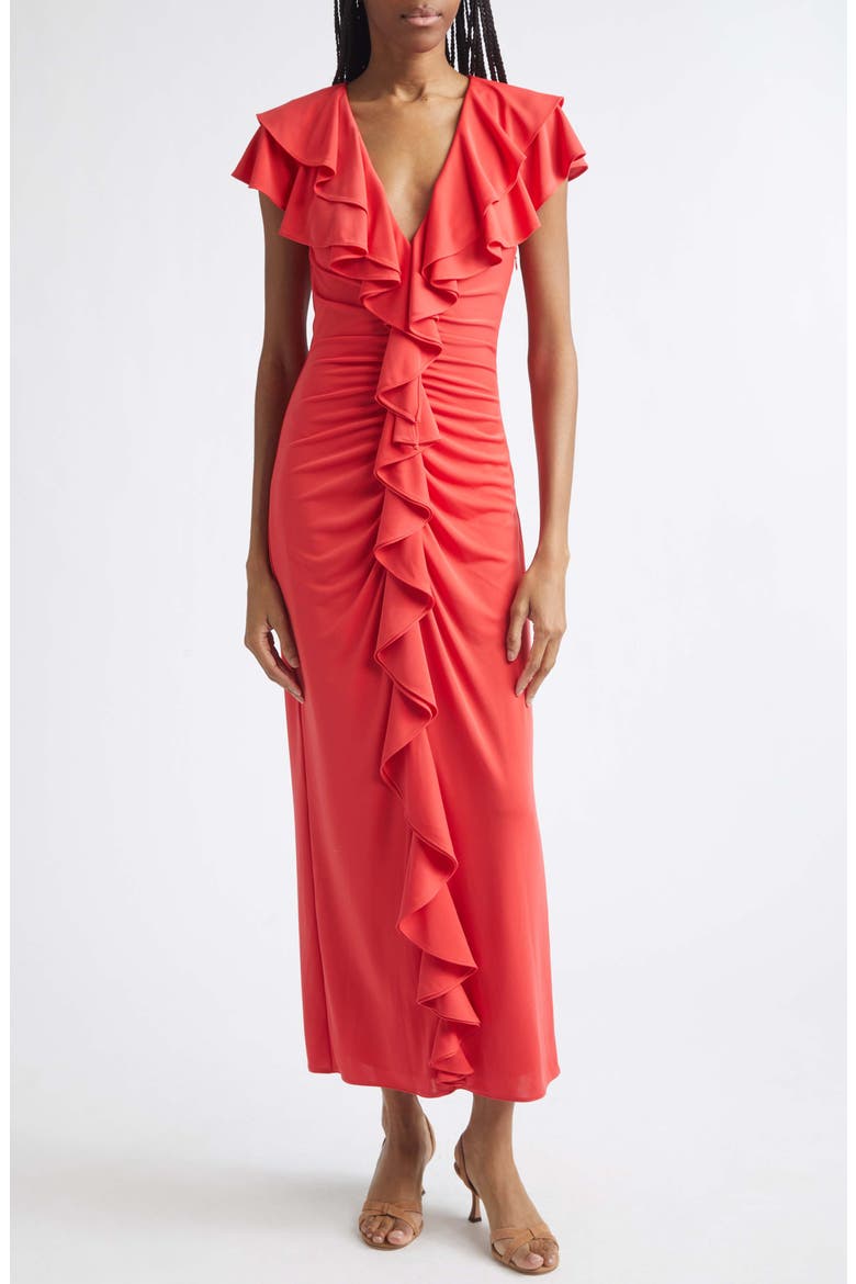Tallis Ruffle Ruched V Neck Midi Dress, Main, color, CRIMSON AURA