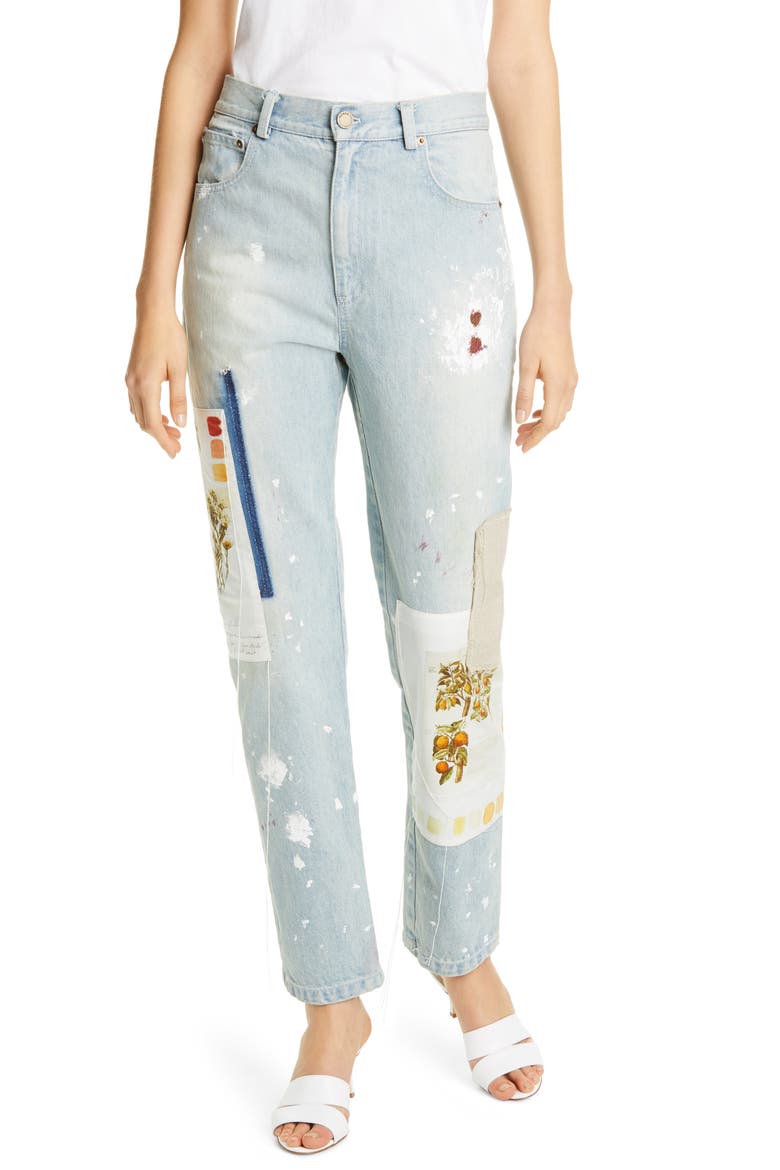Patchwork & Paint Splatter Slim Straight Leg Jeans, Main, color, INDIGO