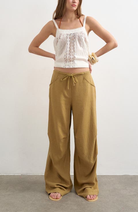 Wide Leg Linen & Cotton Utility Pants
