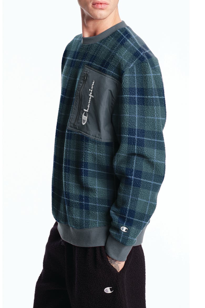 Plaid Fleece Crewneck Sweatshirt, Alternate, color, BLUE PLAID/ VERGLAS