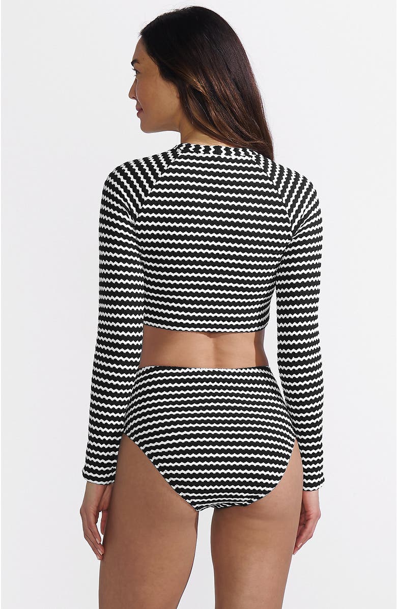 Lands' End Crochet Long Sleeve Bikini Top and High Waisted Bottoms Swimsuit Set, Alternate, color, Black/White