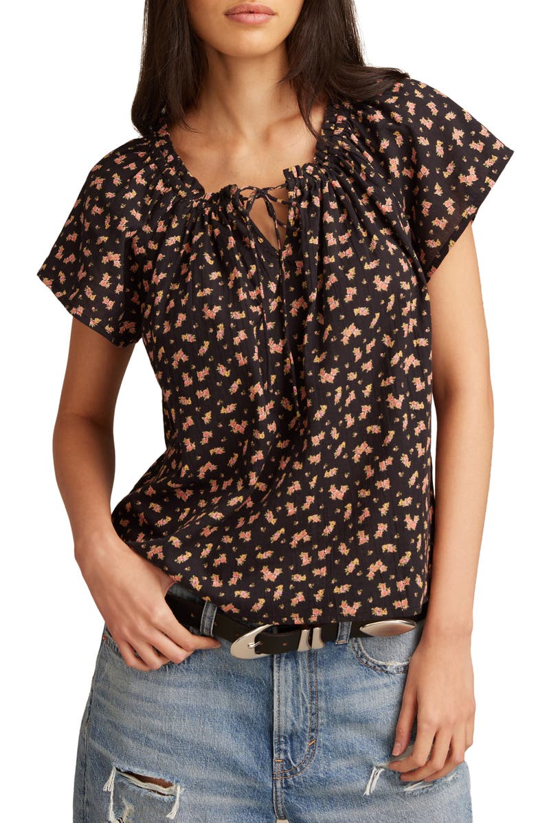 Lucky Brand Floral Short Sleeve Cotton Peasant Top, Main, color,