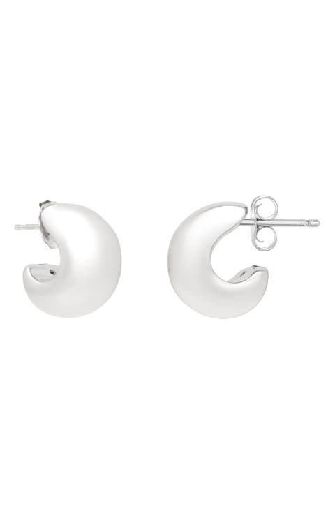 Rhodium Plated Sterling Silver Puffed Three-Quarter Hoop Earrings