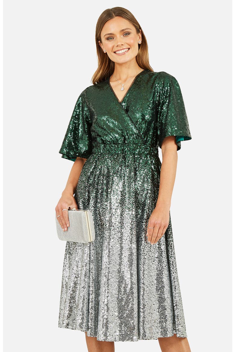 Ombre Sequin V-Neck Midi Dress, Alternate, color, Green