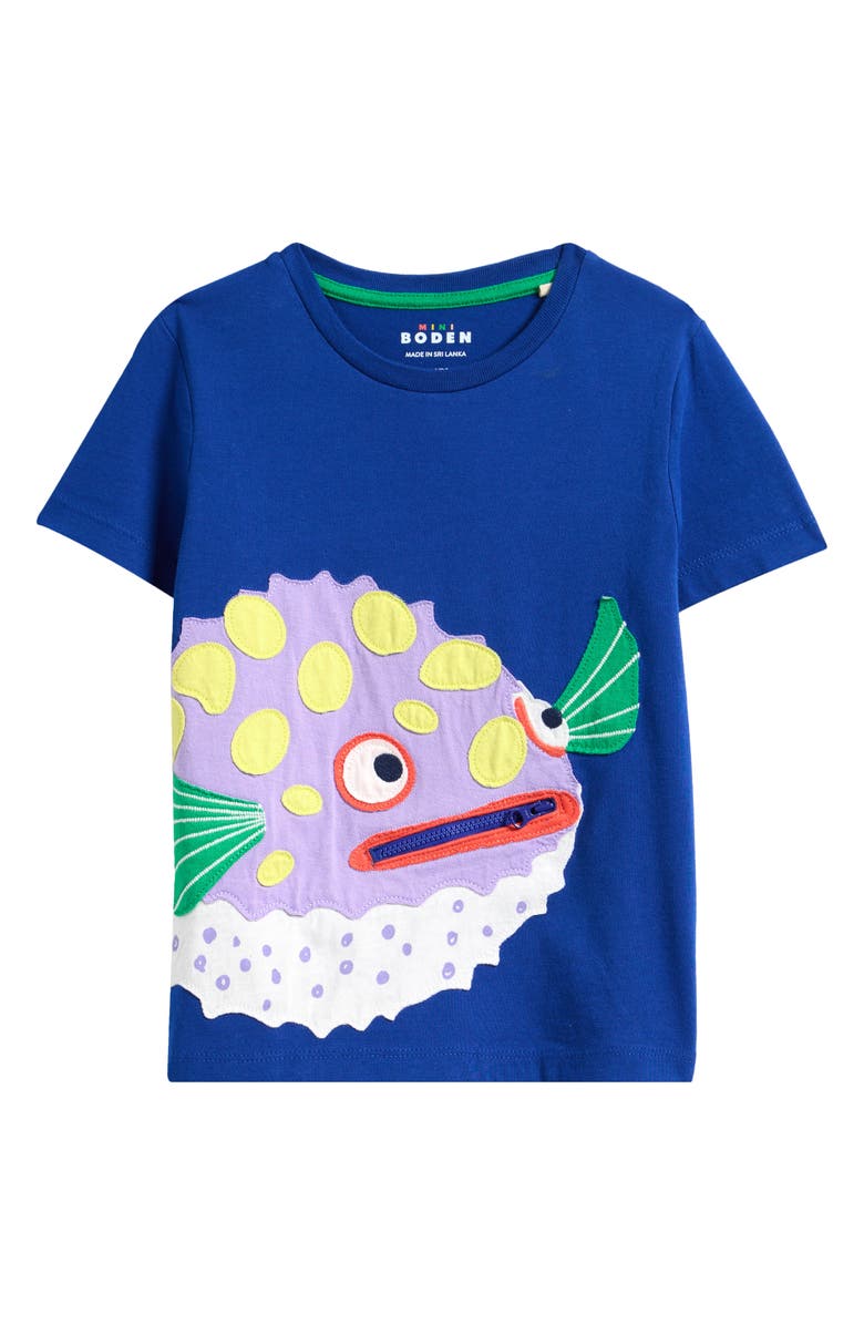 Mini Boden Kids' Zip Pocket Pufferfish Appliqué T-Shirt, Main, color,