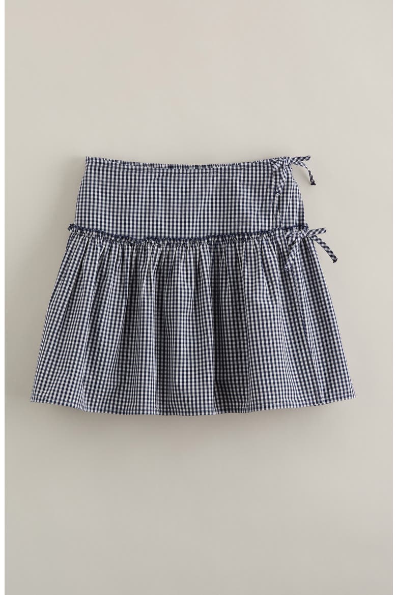 Kids' Gingham Faux Wrap Cotton Skirt, Main, color, NAVY MEDIEVAL MINI GINGHAM