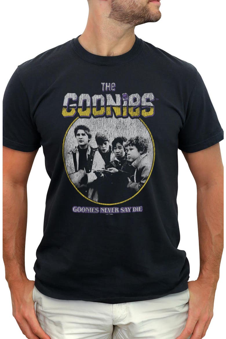 Men's The Goonies Never Say Die Distressed  Graphic T-Shirt, Main, color, Black