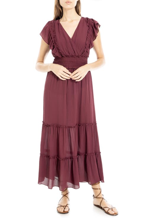 Pebble Crepe Flutter Sleeve Maxi Dress