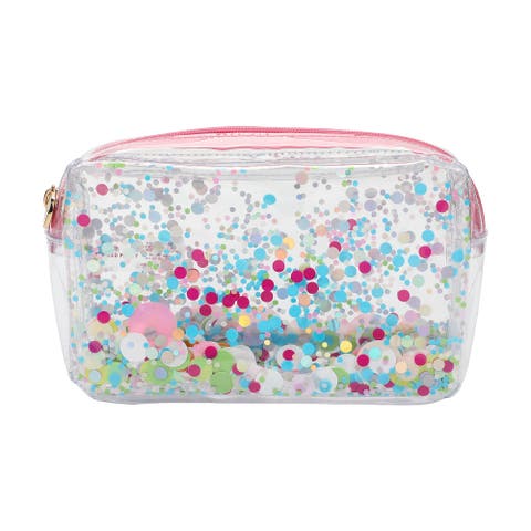 Multicolor Confetti Clear Vinyl Zip Pouch - Trapped Confetti Vinyl Organizer for Makeup Travel School Supplies with Signature Confetti Pouch