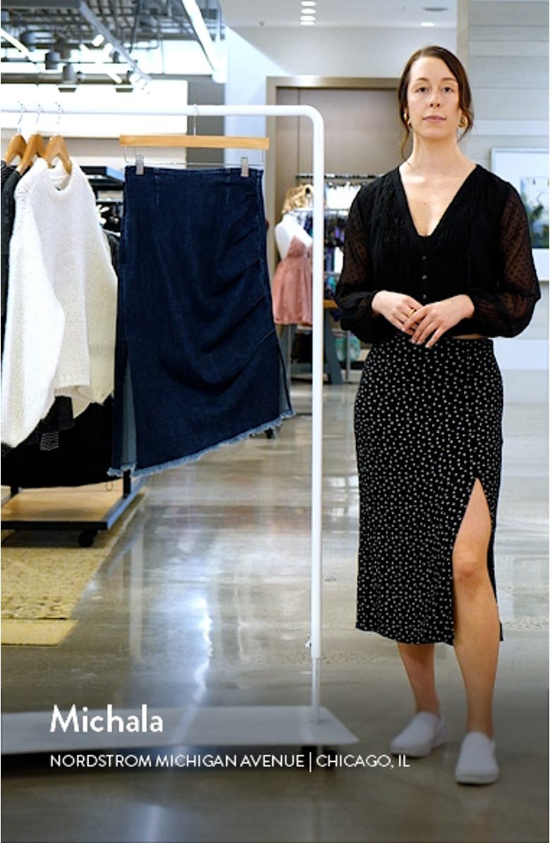 Bustle Frayed Asymmetric Denim Midi Skirt, sales video thumbnail