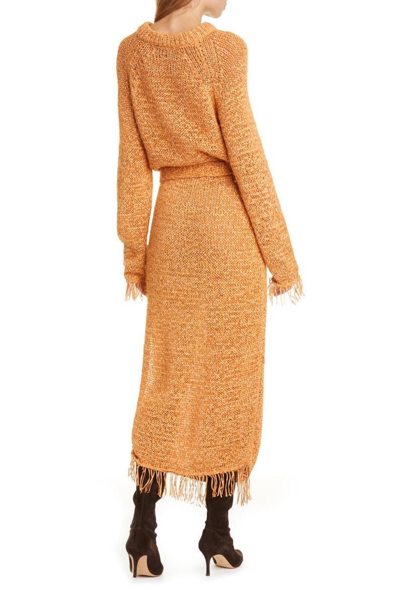 Kaiza Belted Long Sleeve Fringe Sweater Dress, Alternate, color, ORANGE