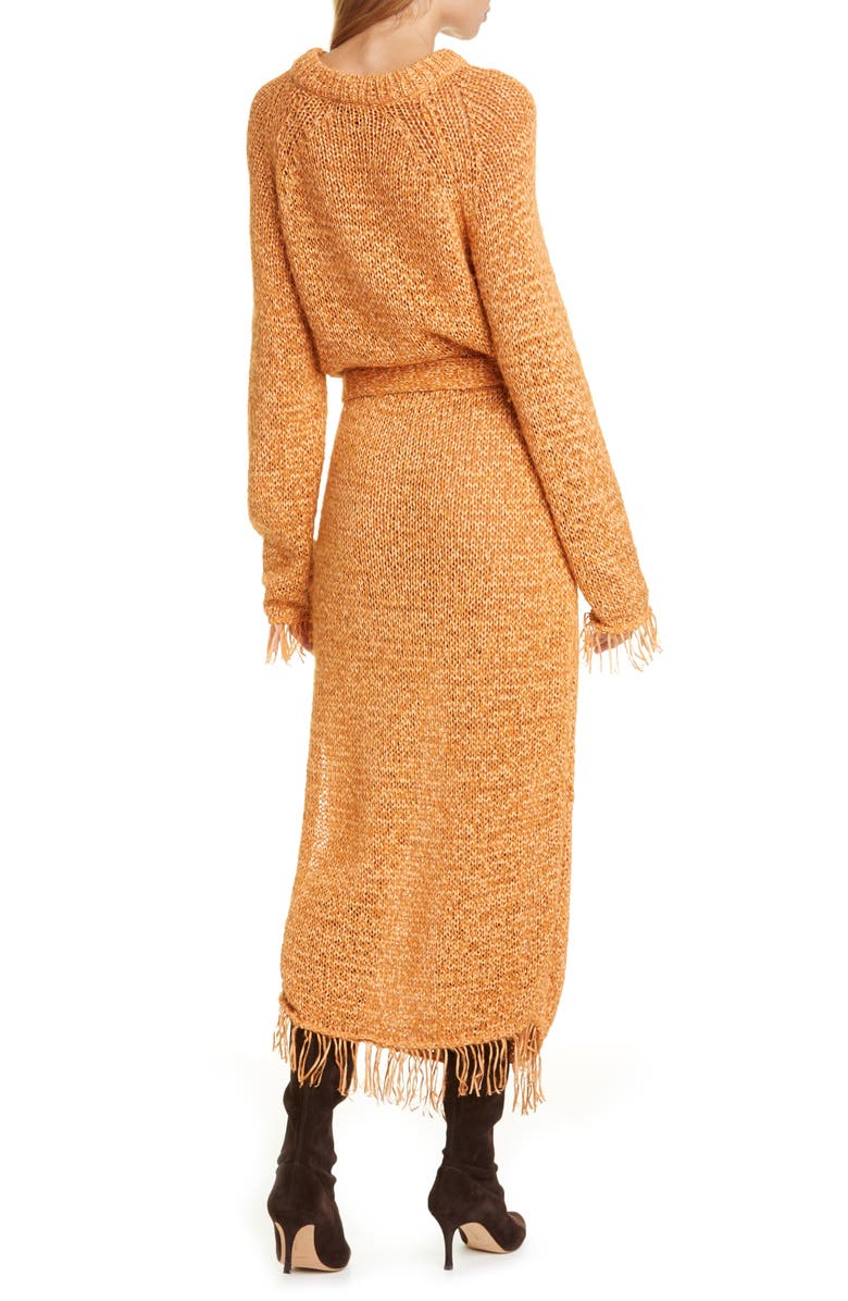Nanushka Kaiza Belted Long Sleeve Fringe Sweater Dress, Alternate, color,