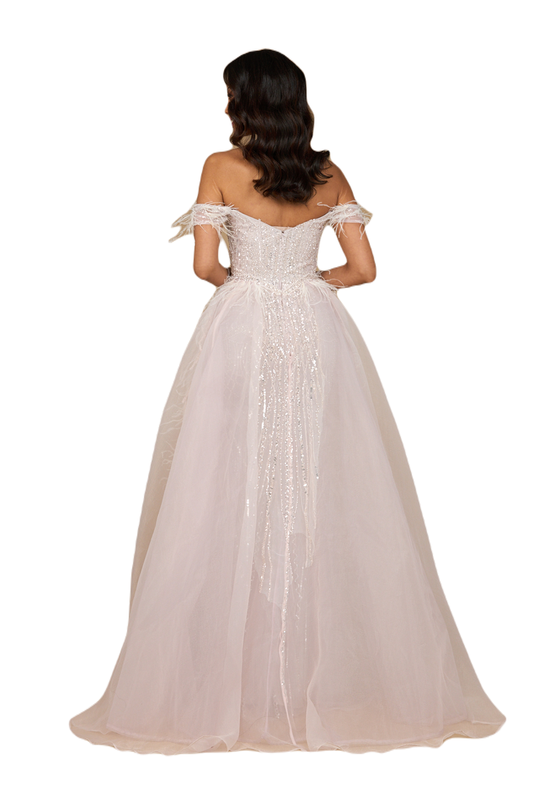 Off Shoulder Gown with Feathers, Alternate, color, Powder Pink