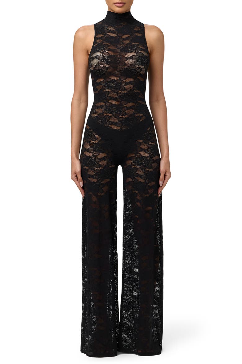 Stretch Lace Jumpsuit, Main, color, BLACK