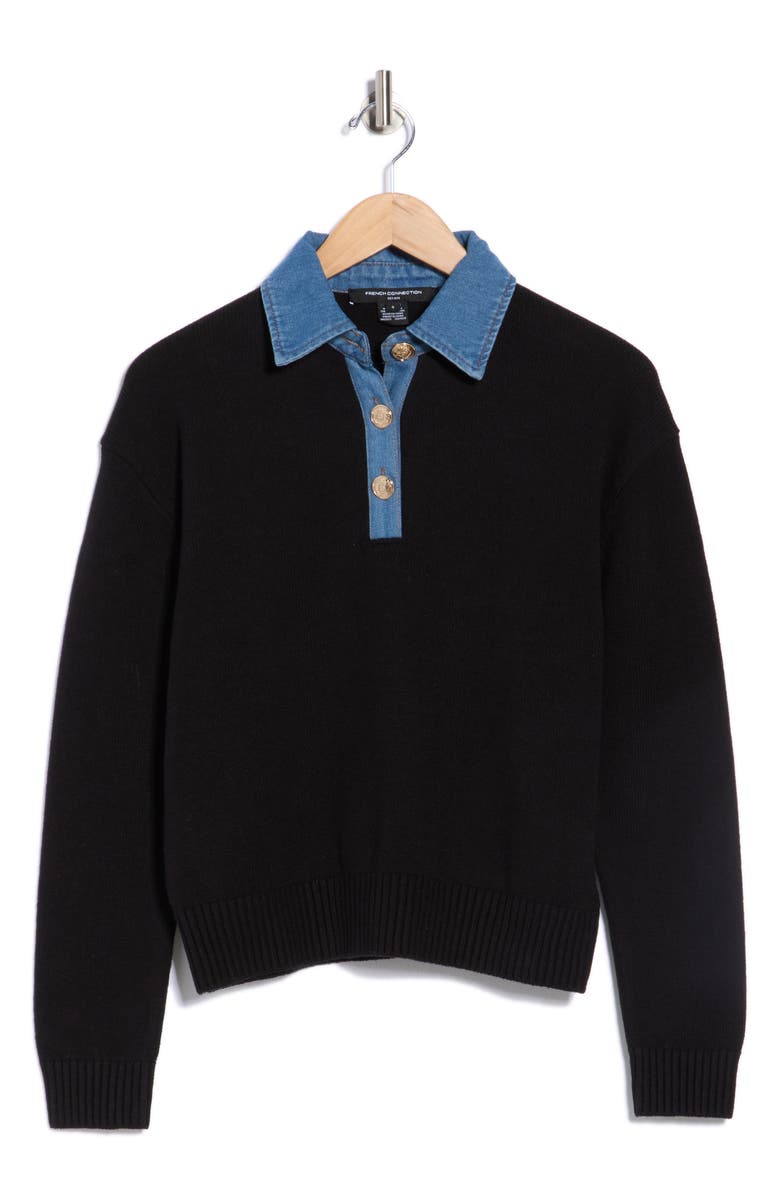 French Connection Denim Trim Pullover, Main, color, Black