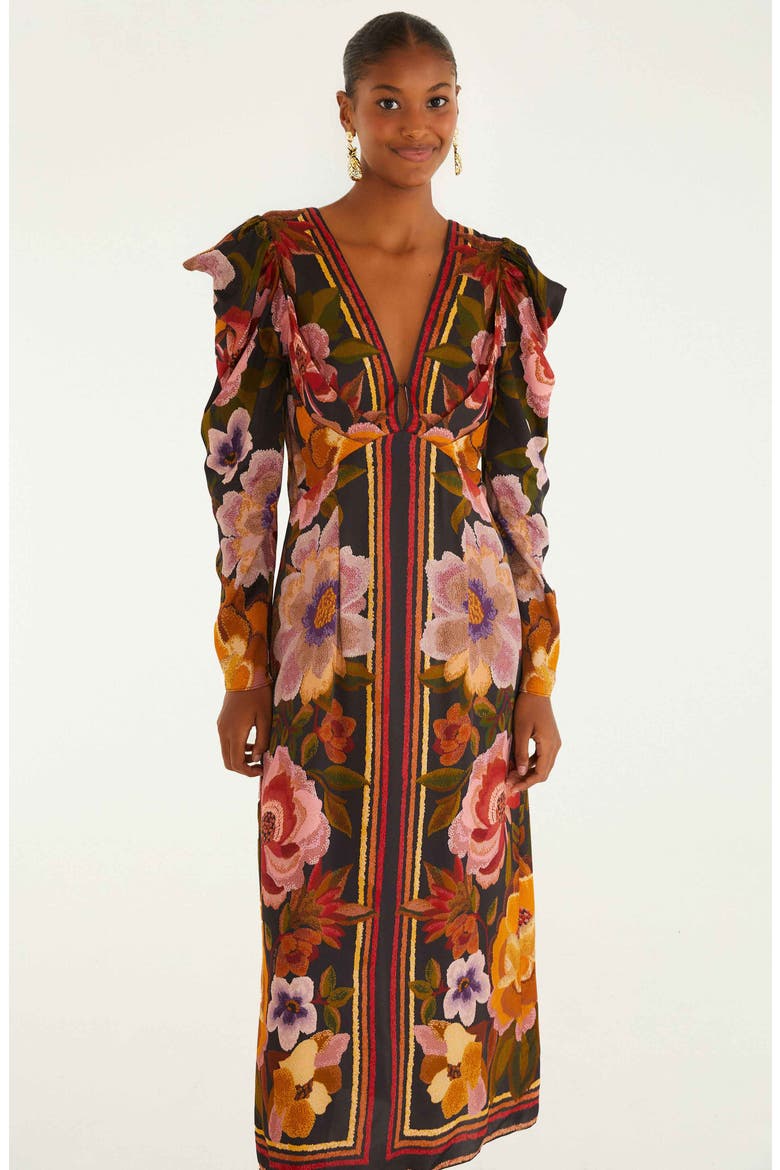 Floral Border Print Long Sleeve Dress, Alternate, color, CHENILLE FLOWERS BLACK