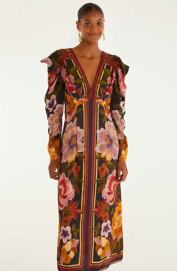 Floral Border Print Long Sleeve Dress