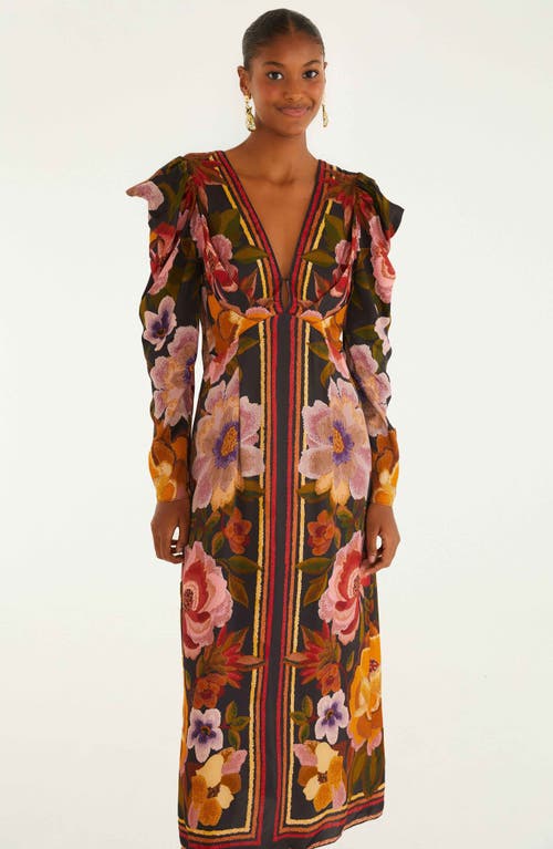 Farm Rio Viscose Long Dress With Chenille Flowers Print In Brown