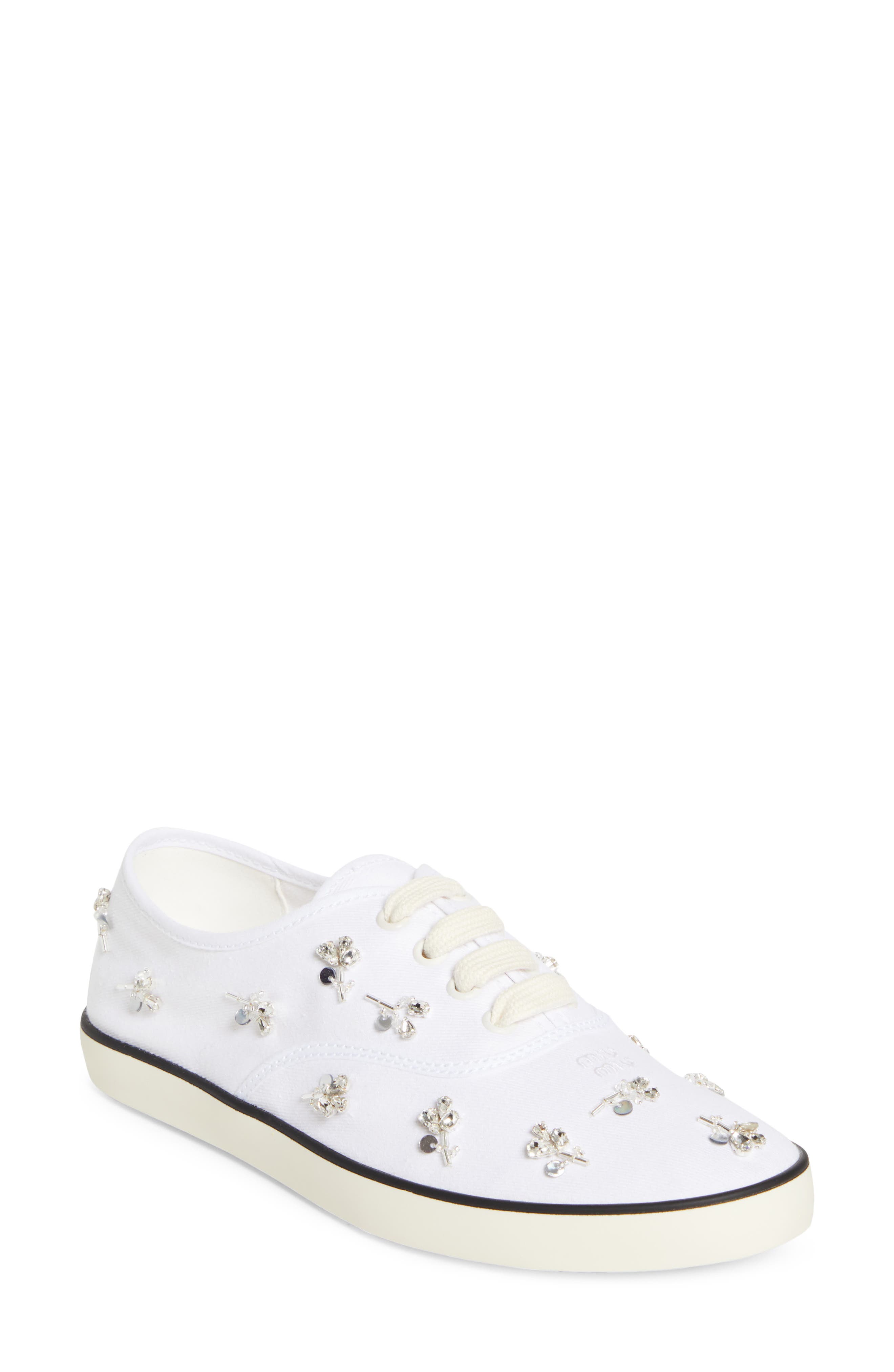 Miu Miu Crystal Embellished Low Top Canvas Sneaker, Main, color, White