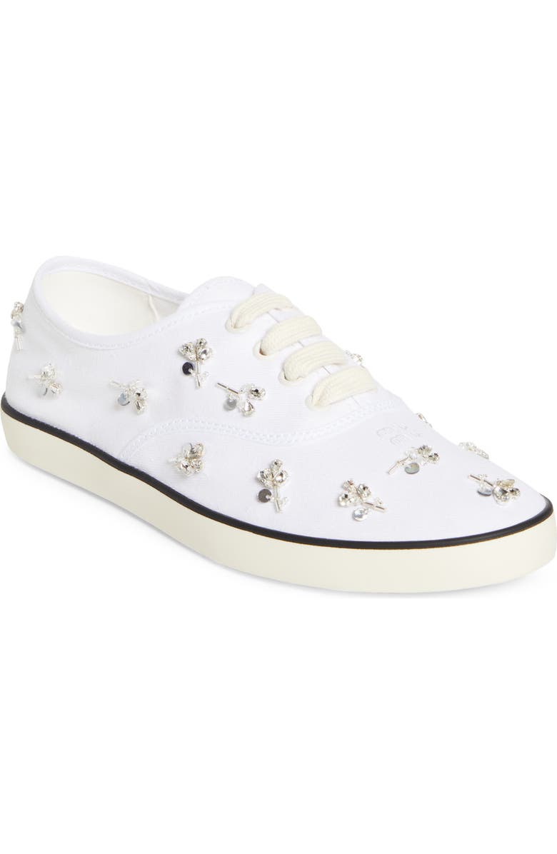Miu Miu Crystal Embellished Low Top Canvas Sneaker, Main, color, White