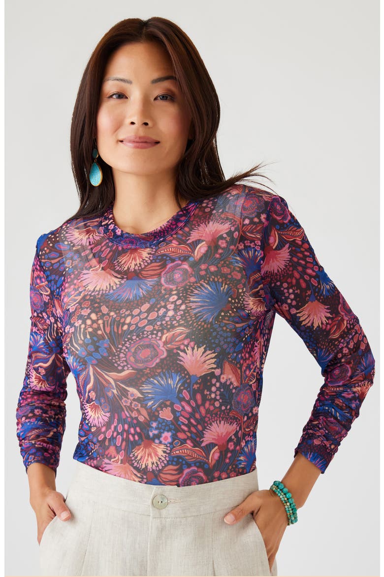 Floral Ruched Sleeve Mesh Top, Alternate, color, FLORAL PRINT