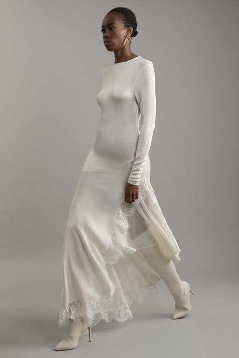 Petite Slinky Lace Asymmetric Maxi Dress