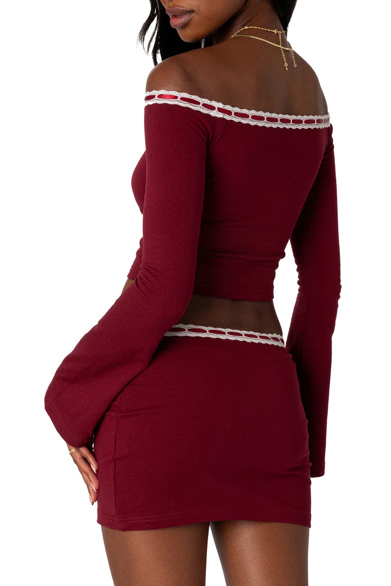 Seline Ribbon Trim Off the Shoulder Crop Top, Alternate, color, BURGUNDY