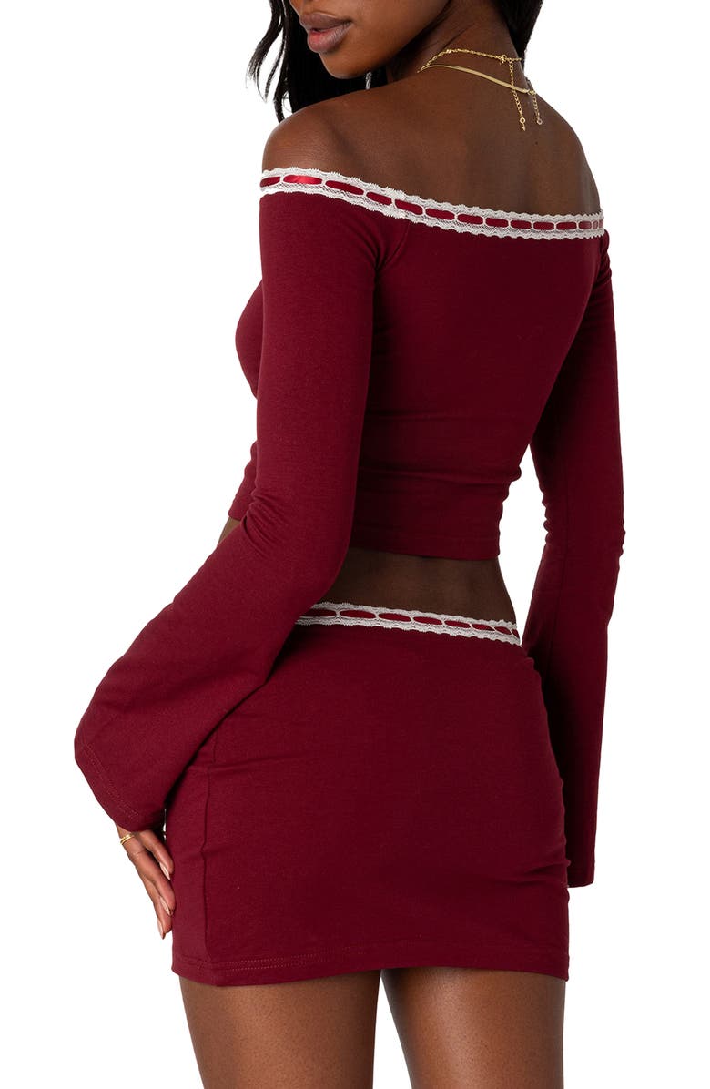EDIKTED Seline Ribbon Trim Off the Shoulder Crop Top, Alternate, color, Burgundy