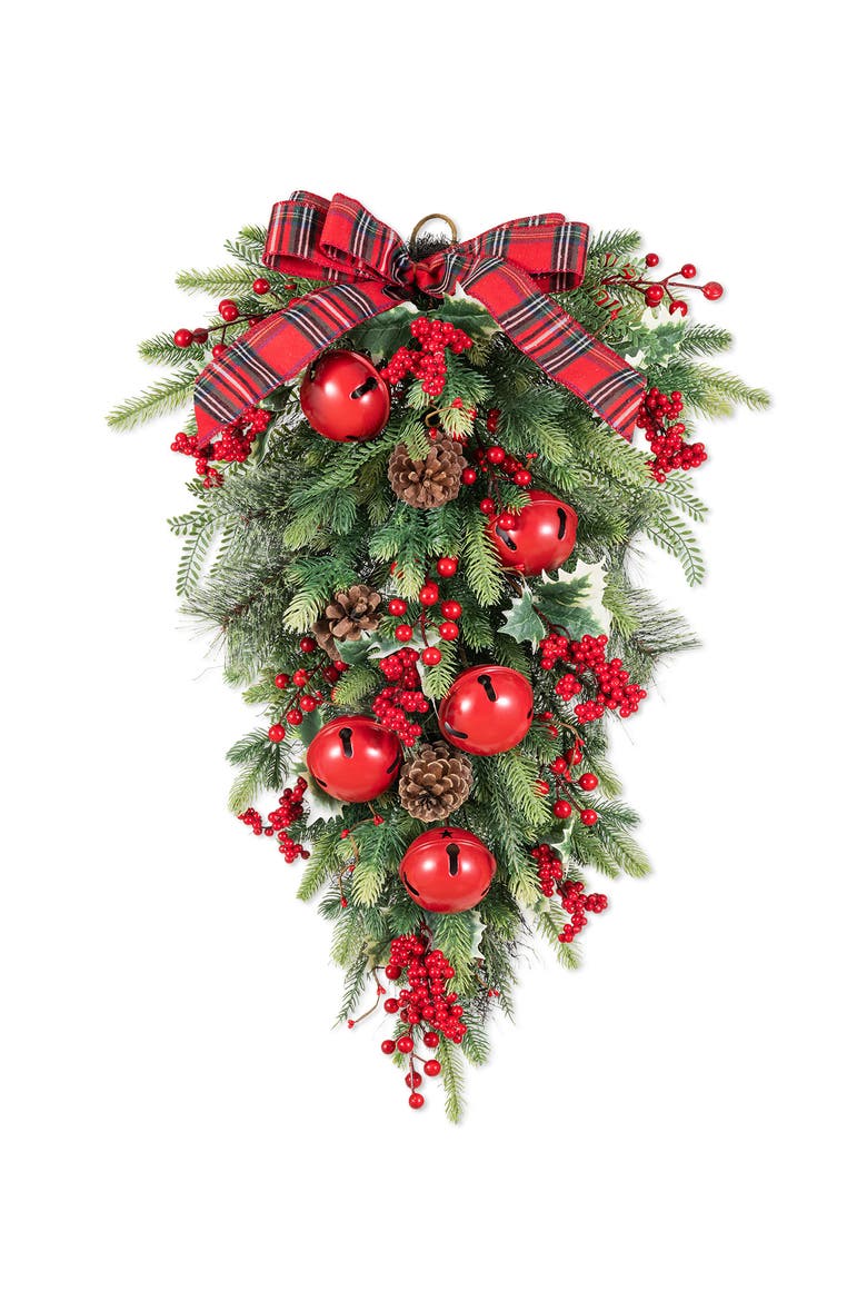 Berry Pinecone and Bell Christmas Teardrop Wreath, Main, color, Red