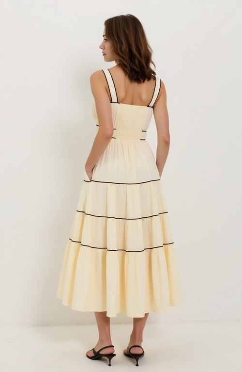 Modenaire Strappy Tiered Maxi Dress With Contrasting Trim And Flowing Silhouette In Yellow