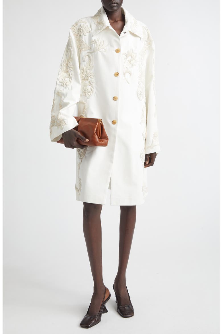 Embroidered Cotton A-Line Coat, Alternate, color, OFF WHITE